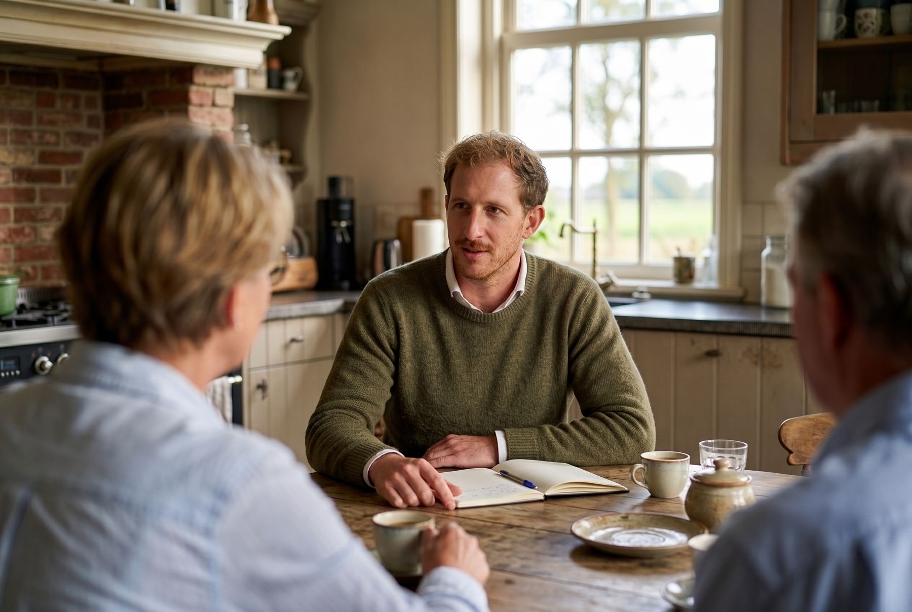 Arko in gesprek met twee mensen aan een keukentafel